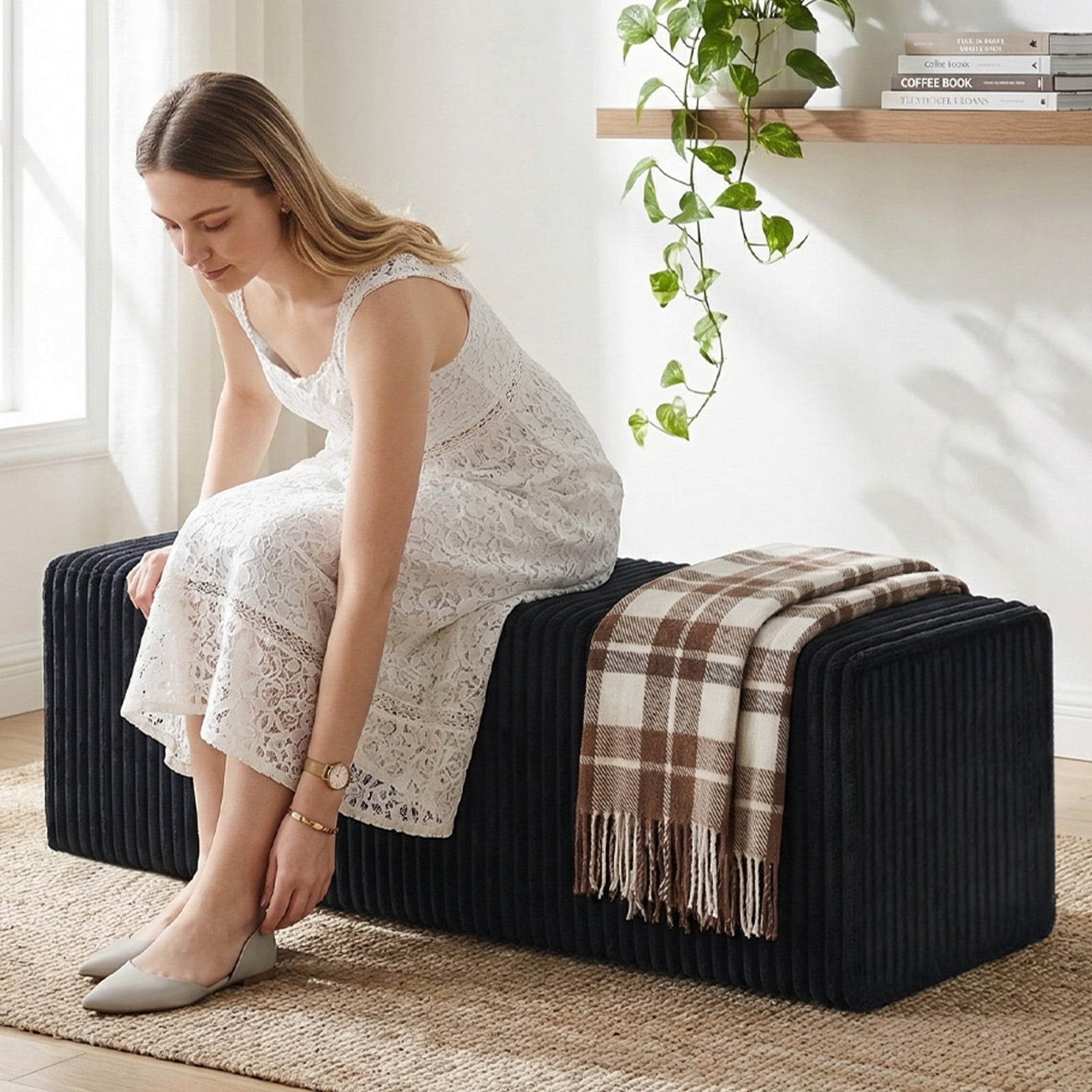 50.5" Oversized Rectangle Cloud Ottoman, Black Corduroy Upholstered Coffee Table & Extra Seating, Large Compressed Foam Floor Bench, No Assembly Required