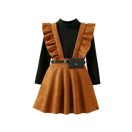

LWXQWDS Toddler Baby Girls Fall Clothes Turtleneck Knitted Tops Ruffle Suspender Skirts Outfits with Fanny Pack Black Brown 3-4 Years