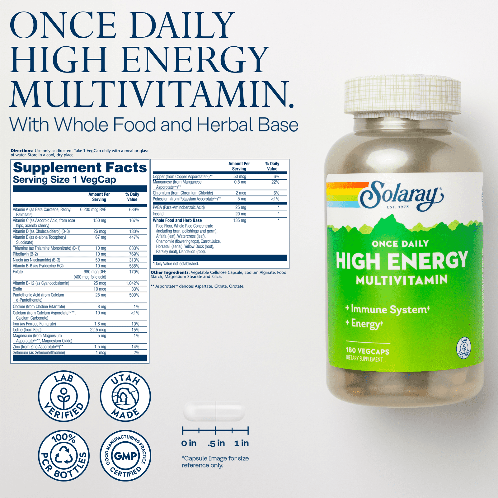 Solaray Once Daily High Energy Multivitamin | Supports Immunity & Energy | Whole Food Base Ingredients | Mens and Womens Multi Vitamin | 180 VegCaps