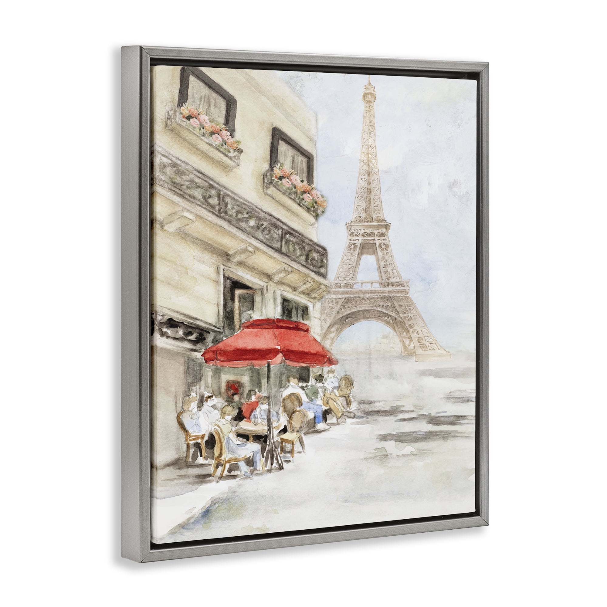 Stupell Industries Sunday Lunch Eiffel Tower Scenic & Cityscapes Painting Gray Floater Framed Canvas Art Print Wall Art, 17 x 21