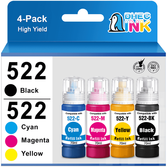 DHECINK 522 Ink Bottles Compatible for Epson Ink 522 for Epson 522 Ink Epson 522 Refill Bottles Ecotank Ink (4 Pack)