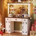 thumbnail image 2 of PAKASEPT Farmhouse White Makeup Vanity Desk with Mirror and Lights, Glass Tabletop Vanity Desk with Drawers, Charging Station, Cabinet, Makeup Vanity Table with Storage Bench for Bedroom, 2 of 12