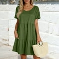 thumbnail image 2 of WTOBBY Women's Casual Fashion Round Neck Short Sleeve Solid Color Tiered Skirt Dress, Elegant and Playful for Daily and Social Occasions,Army Green L, 2 of 5