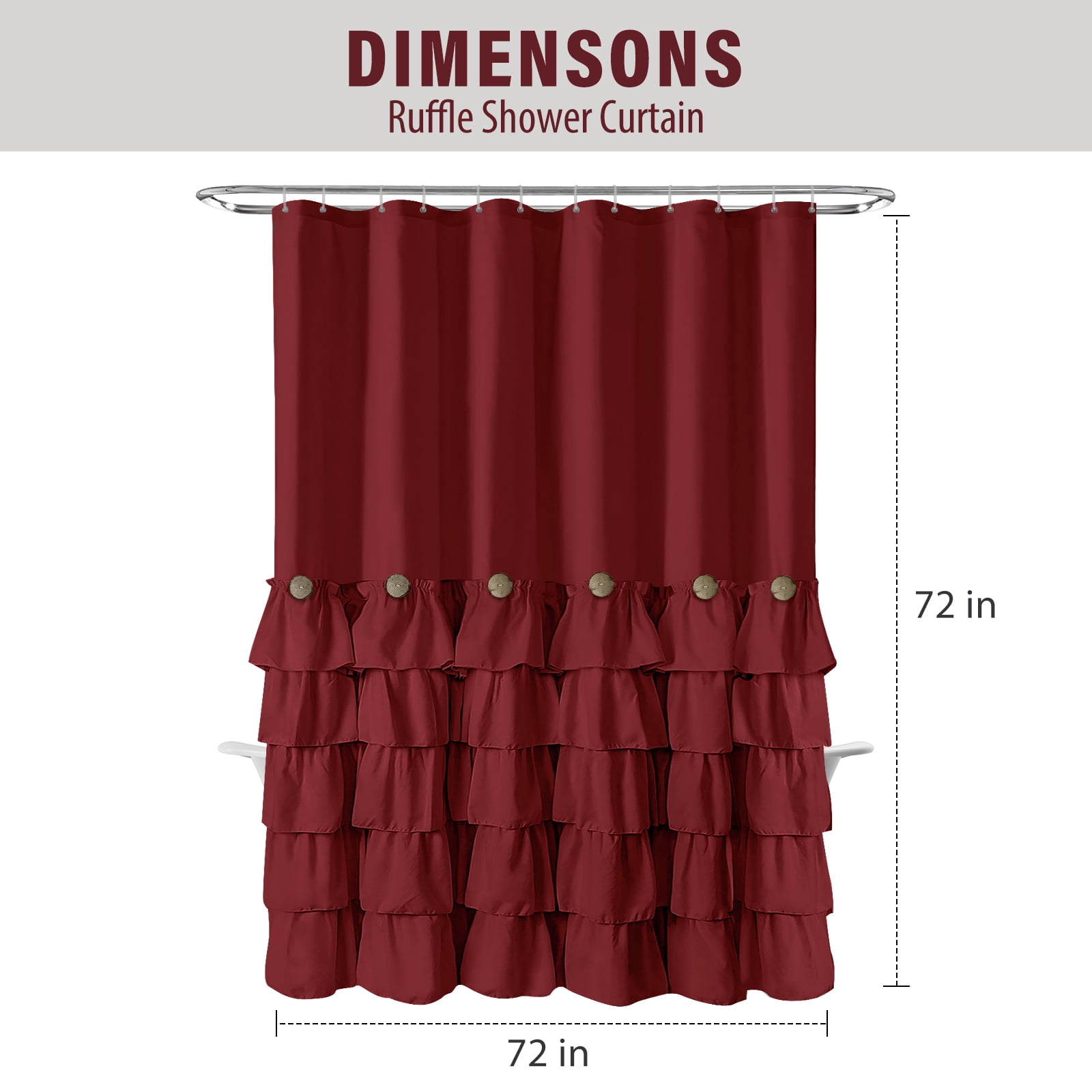 Lipa Farmhouse Ruffle Shower Curtain,Shabby Chic Shower Curtain with 12 Hooks,Burgundy,72" x 72"
