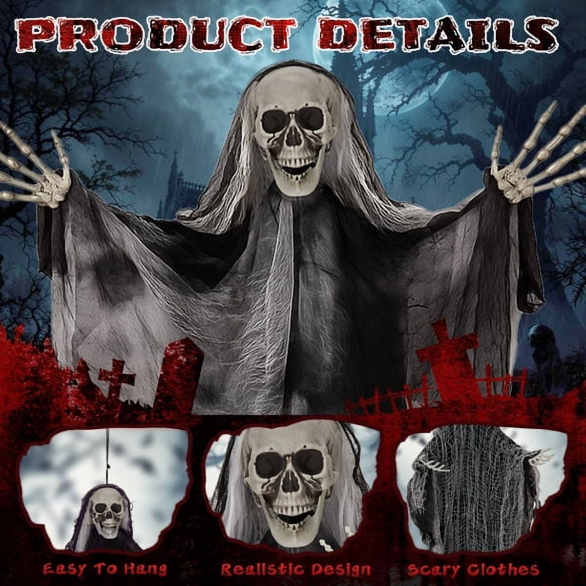 3-Pack Halloween Hanging Grim Reaper Decorations, Adjustable Arms, Realistic Skull/Fabric Robes, Indoor/Outdoor Use
