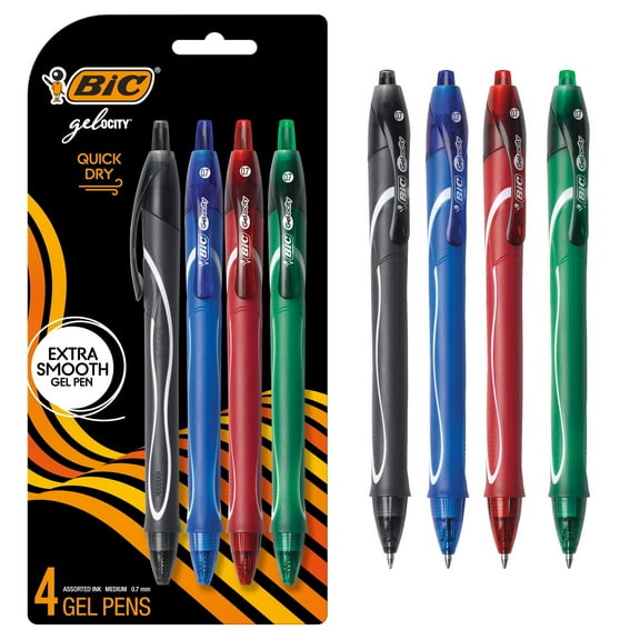 BIC Gel-ocity Quick Dry Gel Pens, Assorted Colors, Medium Point (0.7mm), 4-Count Pack