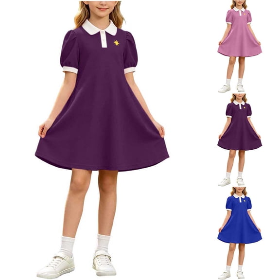 Girls Back To School Uniform Dress Lapel Puff Short Sleeve Cute Print Dresses Casual Loose Trendy Summer Wear (1 Years, Purple)