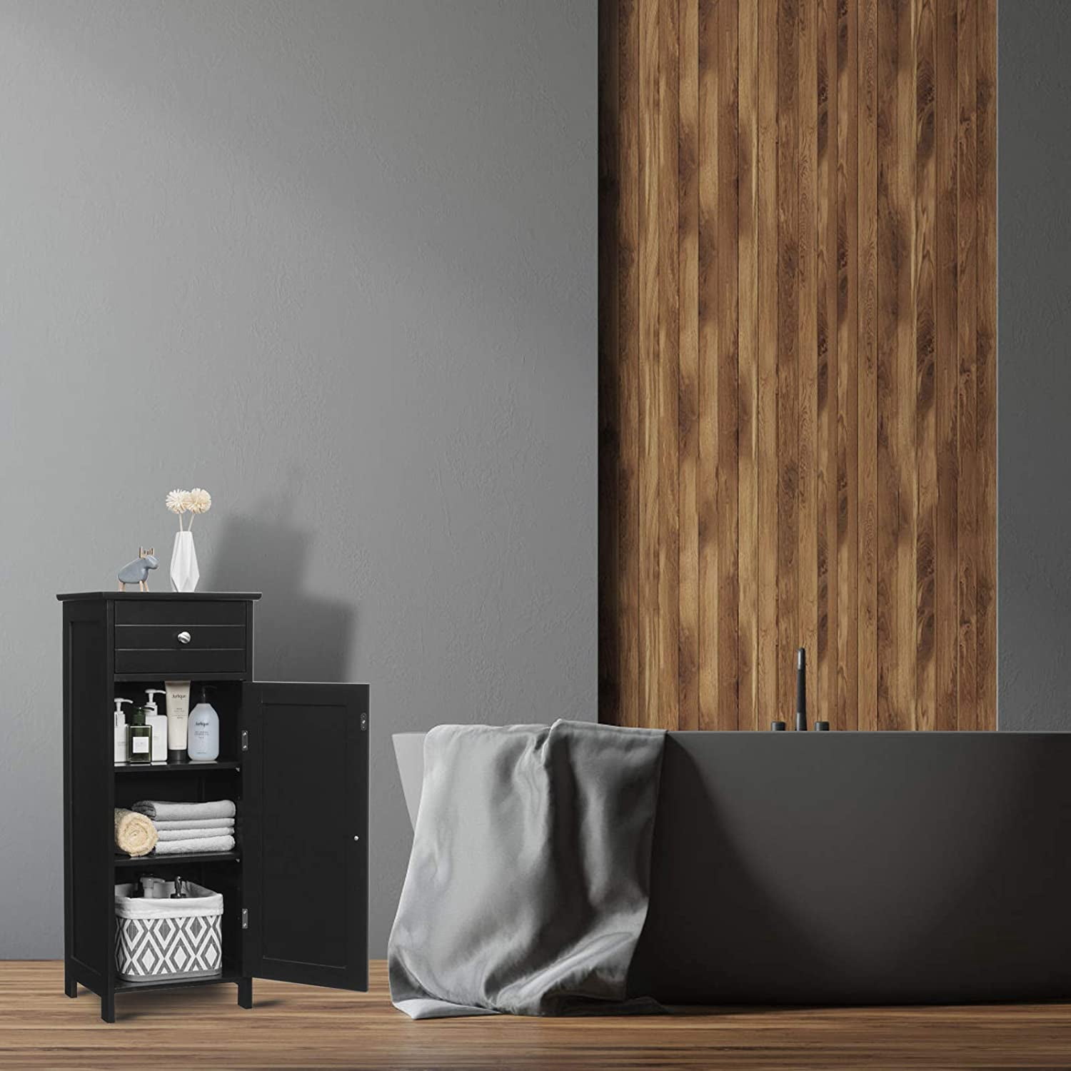 Giantex Floor Storage Cabinet, Multifunctional Freestanding Bathroom Storage Cabinet with Two Adjust Shelves, Ideal for Bathroom, Living Room or Bedroom, 14 x 12 x 34.5 inches (Black)