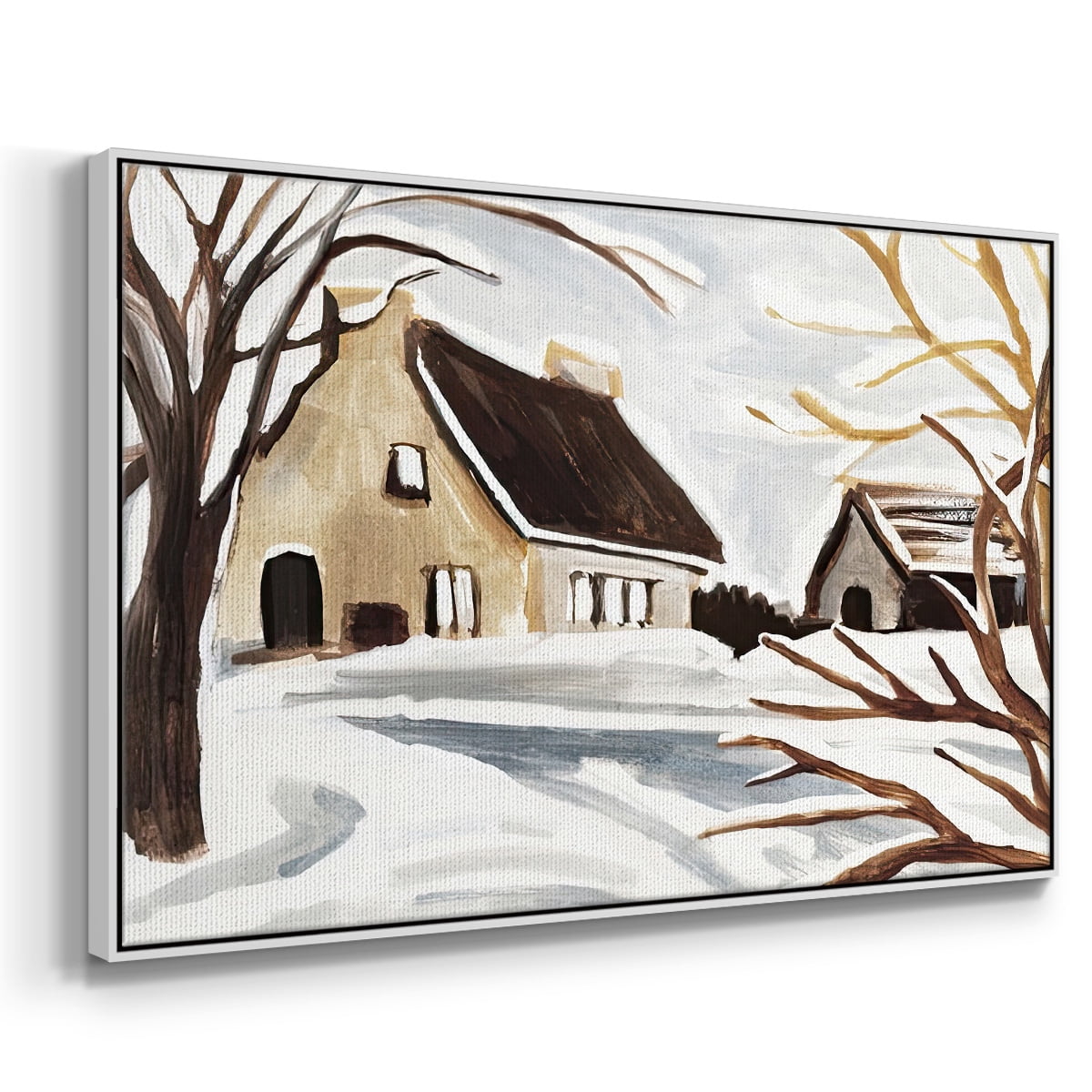Winter Cottage II - Framed Gallery Wrapped Holiday Canvas - 25 x 37 - White Frame