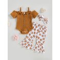 thumbnail image 3 of Musuos Baby Girls Summer Jumpsuits Set 6 12 18 24M 3T Button Short Sleeves Romper and Cow Head Flower Print Elastic Flare Pants Headband, 3 of 10