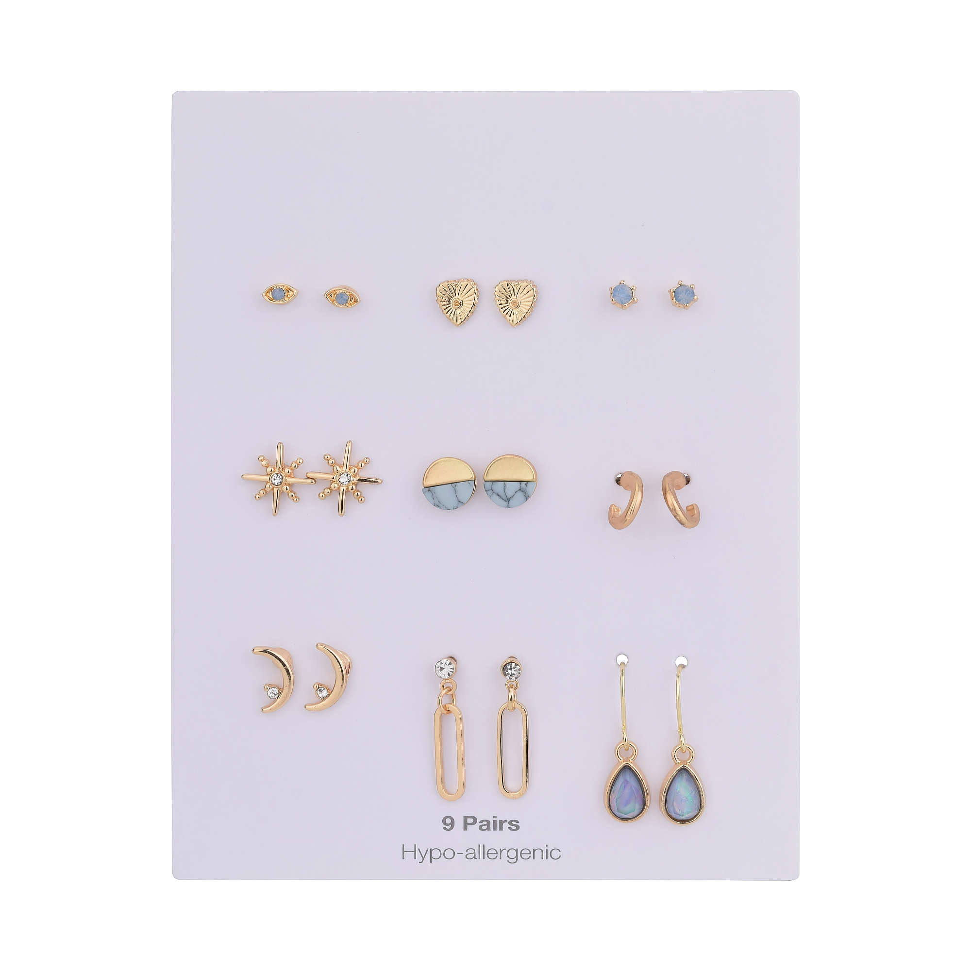 Time and Tru Women's Gold and Blue Stud Earring Set, 9 pack