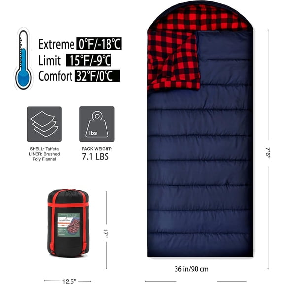 0 Degree Sleeping Bag for Adults - Extra Large Cotton Flannel Winter Camping Sleep Bag with 0 ° F Temperature Rating