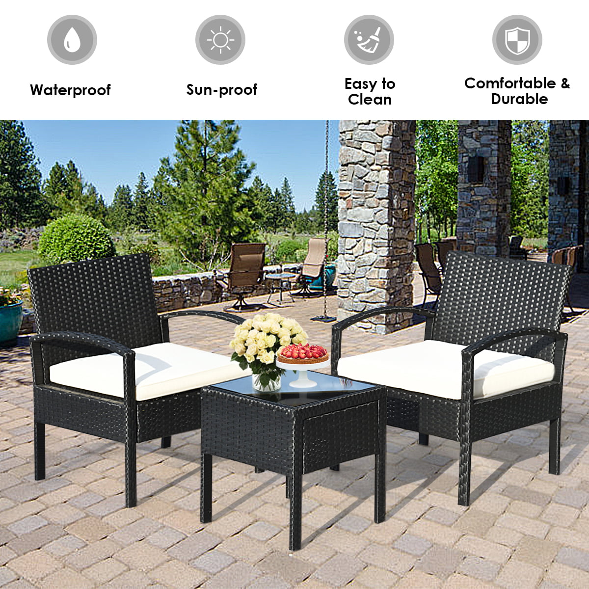 Costway 3PCS Patio Rattan Furniture Set Table & Chairs Set with Seat