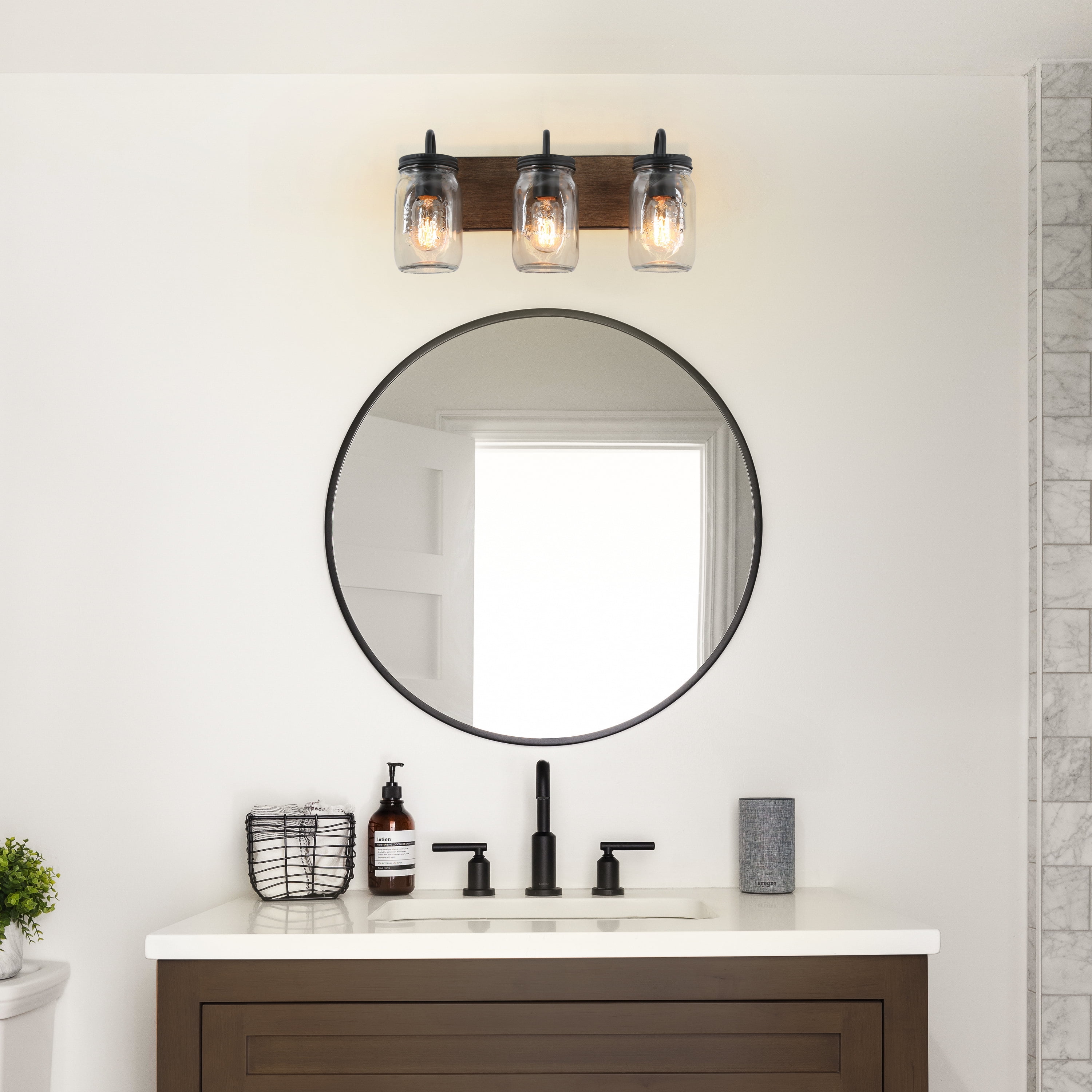 LNC Farmhouse Mason Jar Vanity Light, 3-Light Wood & Black Wall Fixture for Bathroom