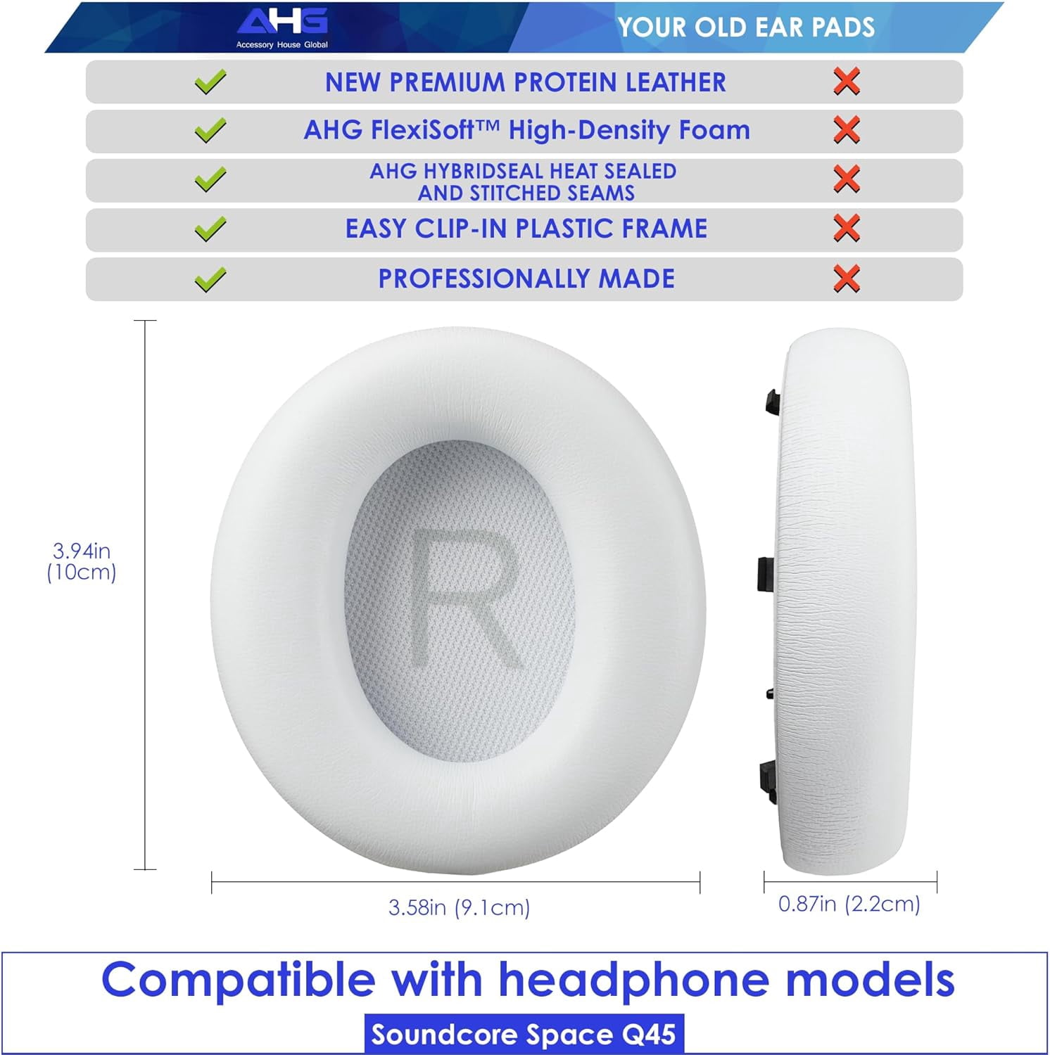 HRTGFD-AHG Premium Replacement Sound core Space q45 Headphones Ear Pads/Space Q45 Ear Cushions Compatible with Anker Soundcore Space Q45 Headphones (White). Premium Protein Leather | High-Density Foa