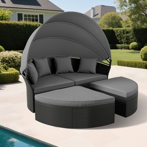 SUNCROWN 4 Piece Outdoor Round Canopy Daybed Black Wicker Patio Furniture Set with Cushions