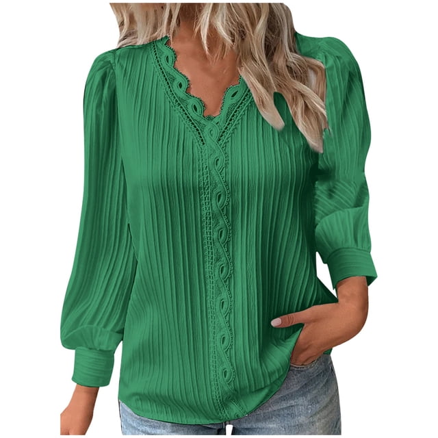 Blusa de manga larga con cuello en V y volantes para mujer - Camisa elegante con encaje floral y botones