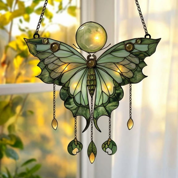 Moonlit Luna Moth Acrylic Suncatcher, Celestial Faux Stained Glass Window Ornament, Witchy Boho Garden Decor Gift For Fairycore Lover