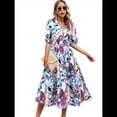 thumbnail image 1 of Vestido Floral con Escote en V para Mujer, Verano 2025, Moderno, Bohemio, Plisado, con Mangas Abullonadas. Azul Rosa M, 1 of 5