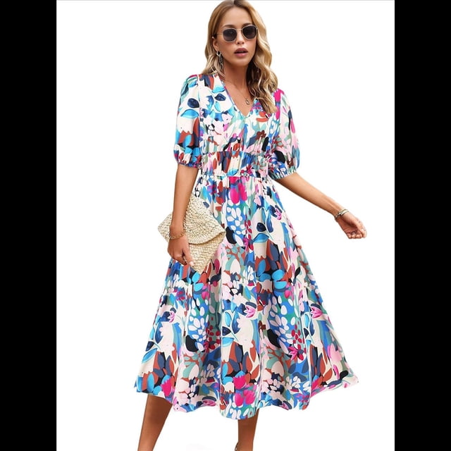 Vestido Floral con Escote en V para Mujer, Verano 2025, Moderno, Bohemio, Plisado, con Mangas Abullonadas. Azul Rosa M