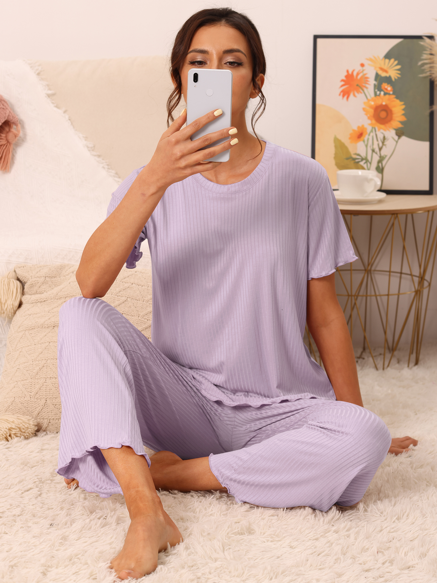 DARING DIVA Women's Ribbed Knit Round Neck Short Sleeve Pajamas Set 2XL Purple
