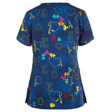 

Baocc scrub tops Women Fashion Short Sleeve Neck Tops Working Uniform Blouse Shirt nursing tops V-Neck Print