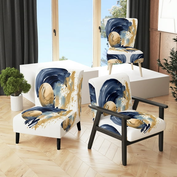 Designart "Abstract Circle Texture in Dark Blue and Gold VI" Blue Modern Geometric Upholstered Accent Chair - Modern Arm Chair For Living Room
