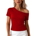 thumbnail image 2 of Nmnitkp Cropped Short Sleeve T-Shirts Women One Shoulder Asymmetrical Neck Short Sleeve T-Shirt, Solid Color Casual Summer Tops for Daily & Party Wear Wine,M, 2 of 6