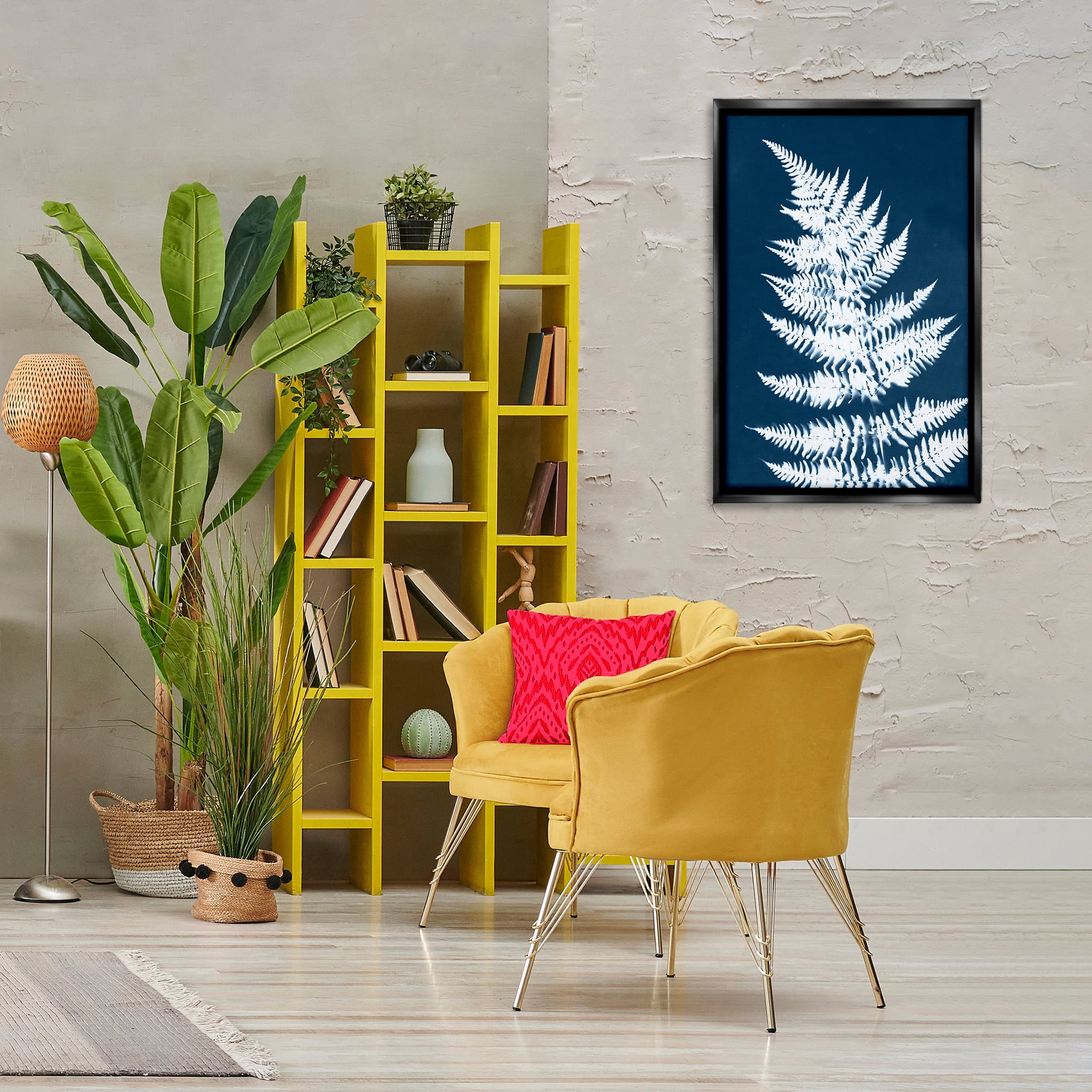 Stupell Industries Blue & White Fern Botanical & Floral Painting Black Floater Framed Art Print Wall Art, 21 x 31