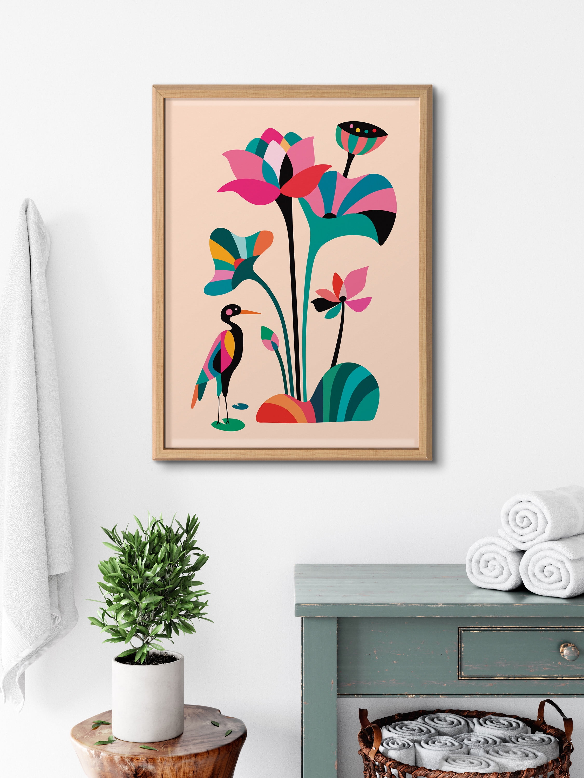 Kate and Laurel Blake Mid Century Modern Lotus Framed Printed Glass Wall Art by Rachel Lee of My Dream Wall, 18x24 Natural, Colorful Nature Art for Wall
