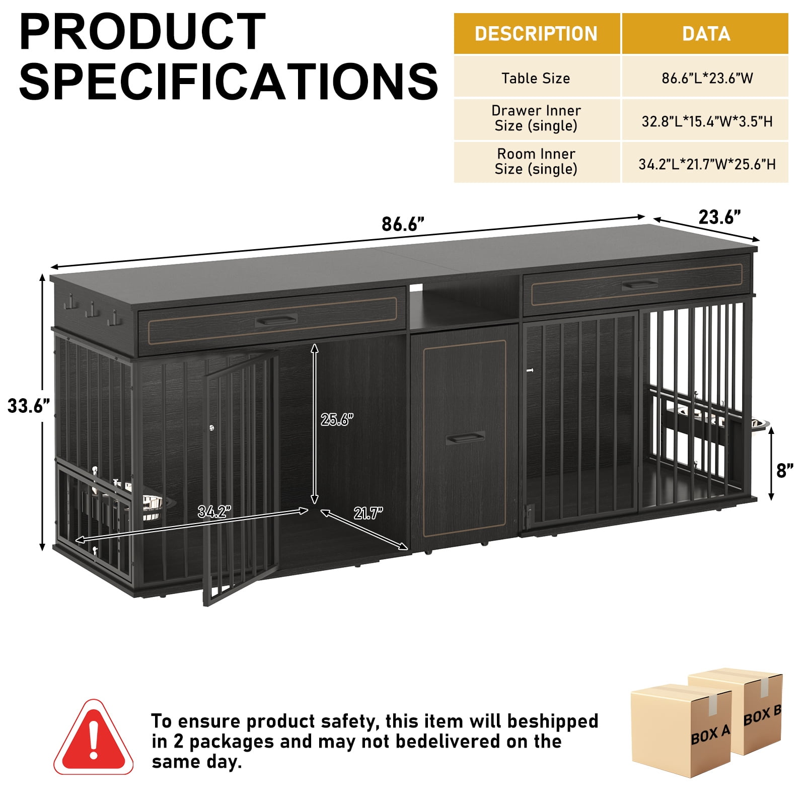 ChVans 86.6" Dog Crate Furniture TV Stand for Large Breed Dogs, Wooden Kennel with Dual rooms, Dog Bowl, 2 Drawers & Cabinet for Medium-Large Dogs