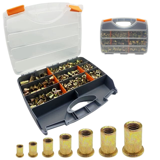 860pcs Rivet Nut Kit, SAE UNC Rivet Nuts Assortment Carbon Steel Flat Head Rivnut Threaded Insert Nut Including 6#-32, 8#-32, 10#