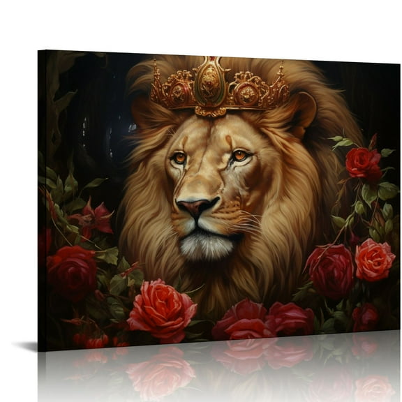 COMIO Lion Framed Canvas Wall Art Red Roses Wall Decor Captivating Close-up of Lion's Face Perfect Modern Home Decor for Living Room Home Bedroom Decoration