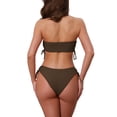 thumbnail image 3 of Women's Bandeau Drawstring Side Tie Ribbed Bikini Sets 2 Piece Strapless Top Triangle Bottom Swimwear Bathing Suits 2 Sets X-Large Black, Brown, 3 of 5