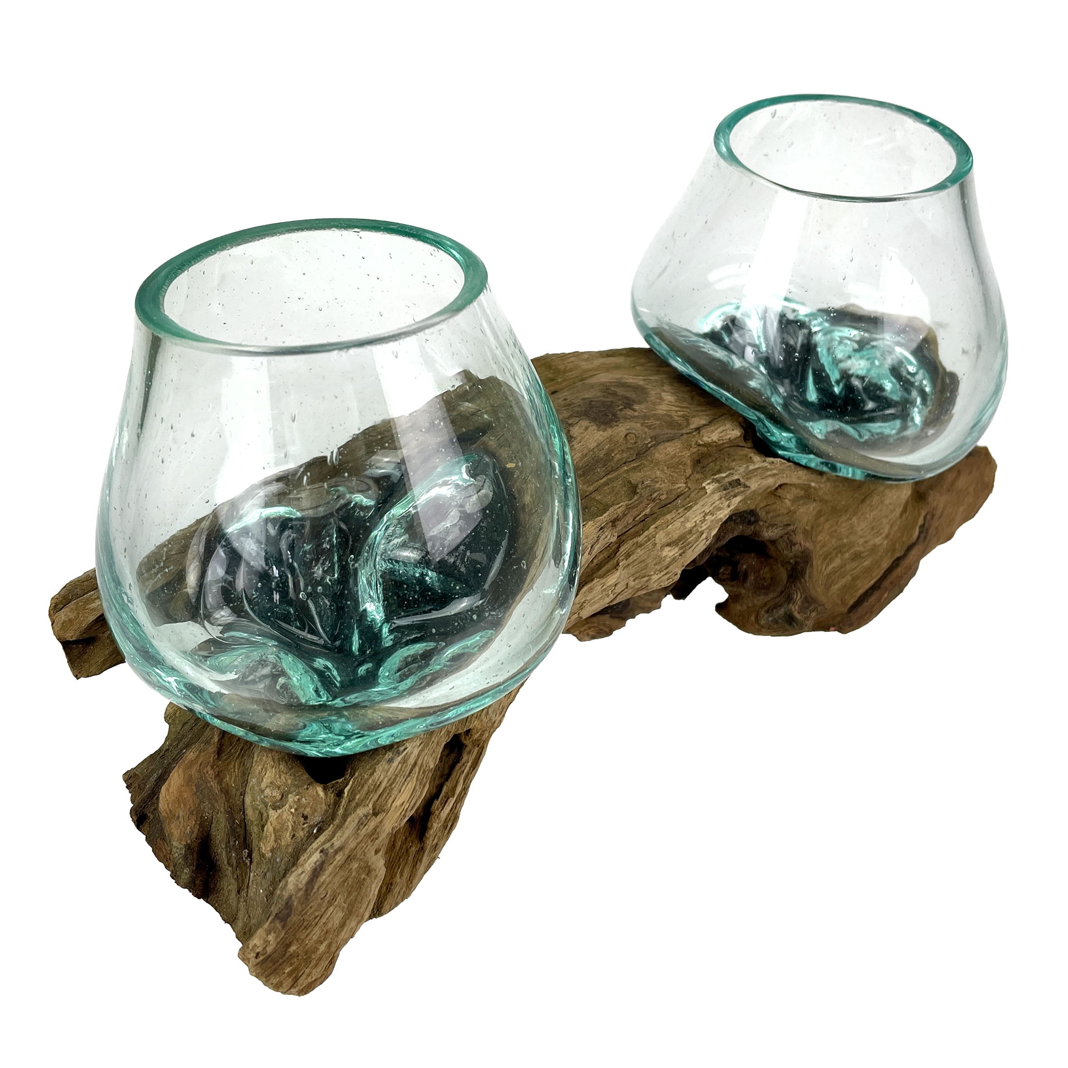 Things2Die4 10.5" Double Molten Glass Bowls on Driftwood Hand Blown Planter Terrarium Decor - Natural - Size 10.5 inch Double Bowl