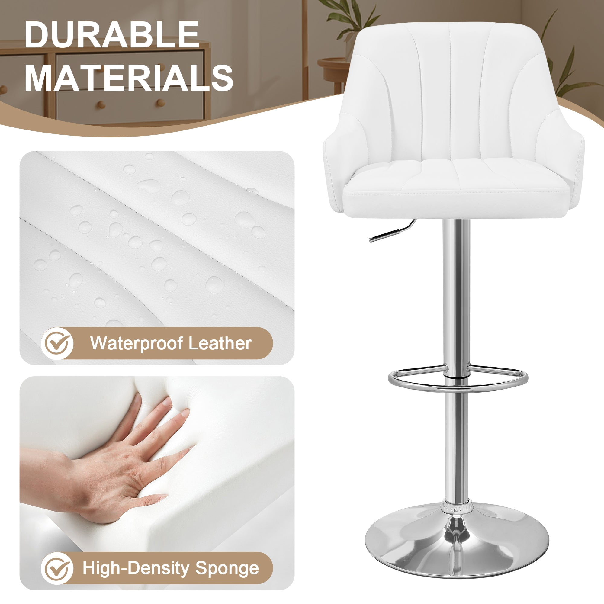 VECELO Set of 2 Swivel Bar Stools, Adjustable Counter Height Barstools Faux Leather Chair with Backrest and Armrest, White