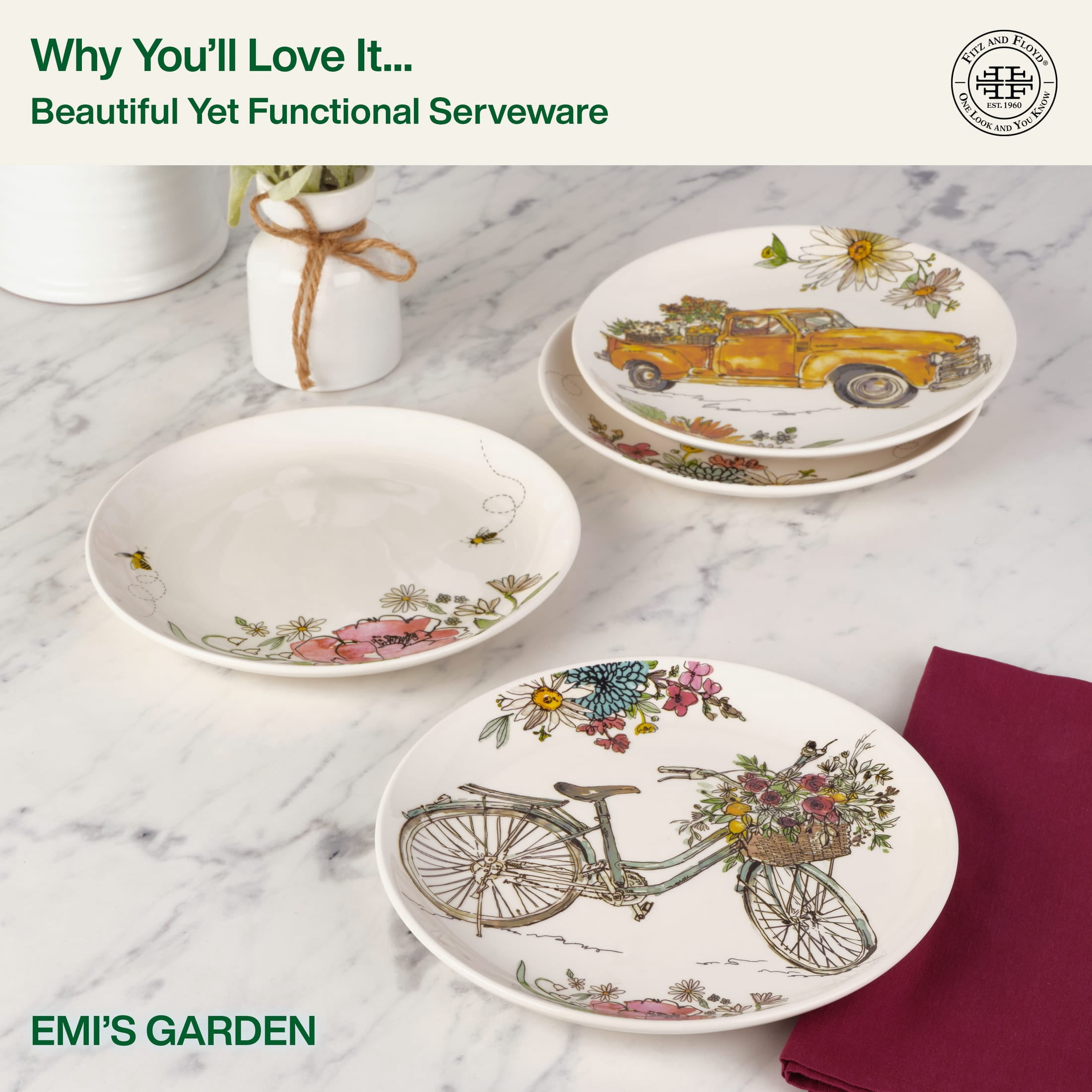 Fitz and Floyd Emis Garden 8 1/4" Round Earthenware Party Plate (4 Count)