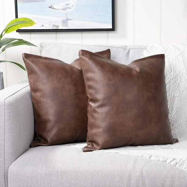 Iguohao Set Of 2 Faux Leather Decorative Throw Pillow Covers Modern Solid Outdoor Cushion Cases Luxury Pillowcases For Couch Sofa Bed 18x18 Inches Dar