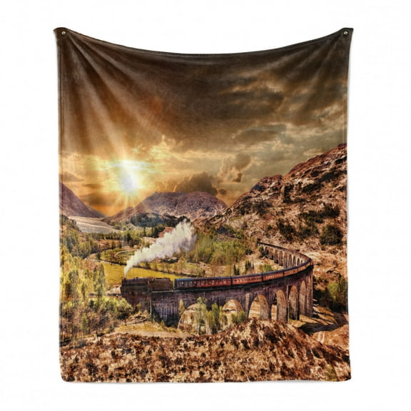 Wizard Soft Flannel Fleece Blanket, Wizard School Express Famous Train Landscape Glenfinnan Railway Viaduct Scotland Sunset, Cozy Plush for Indoor and Outdoor Use, 50" x 70", Brown, by Ambesonne