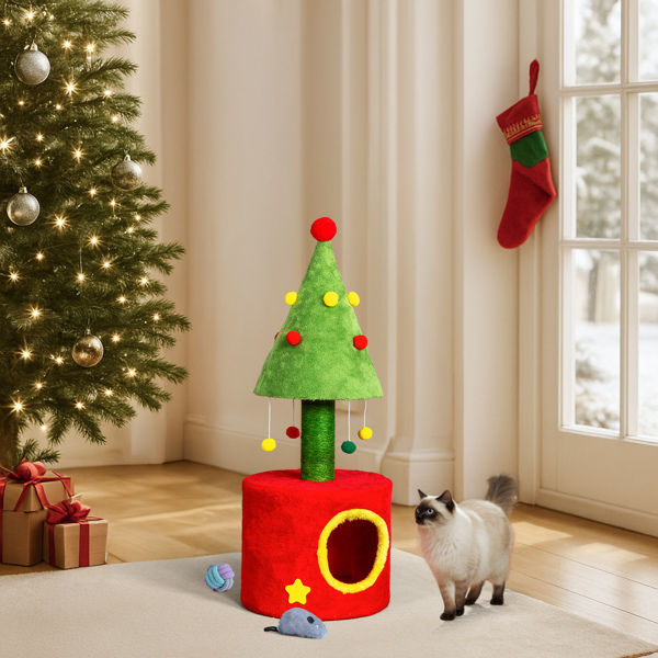 30in Christmas Cat Tree with Cozy Hideaway, Sisal Scratching Post & Hanging Plush Balls, Festive Home Decor for Kittens