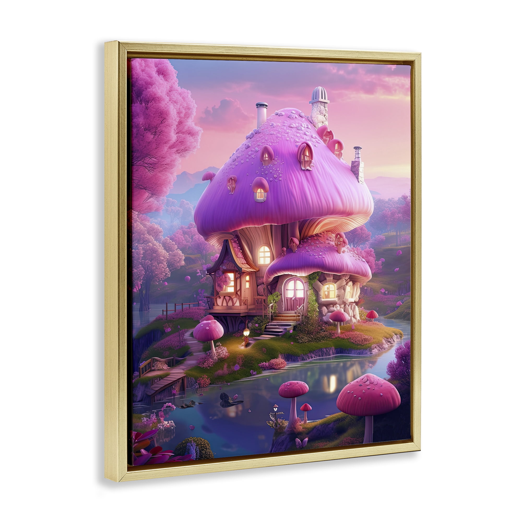 Stupell Industries Forest Mushroom Cottage Town & City Painting Gold Floater Framed Art Print Wall Art, 25 x 31