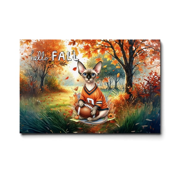 Hello Fall Sphynx Football Welcome Autumn with Leaves Pumpkins Horizontal Matte Canvas Poster Cat Lover Kitten Owner Gifts Idea Wall Art Home Decor - 00012