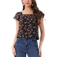 thumbnail image 1 of INSPIRAR CHIC Blusa Floral para Mujeres del Día de San Valentín, Casual de Verano, Cuello Cuadrado, Chiffon, Manga Corta, Camisas con Volantes XS Rosa, Negro, 1 of 6