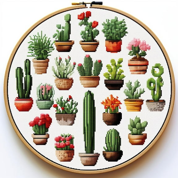 Cactus and Succulent DIY Stamped Cross Stitch Kits for Beginners Easy with Hoop 11CT Needlepoint Embroidery Counted Cross Stitch Kits Art Craft Wall Decor and Gift 35x35cm(2)