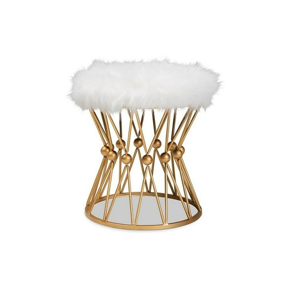 Baxton Studio Leonie Faux Fur Upholstered Gold Finish Metal Ottoman in White