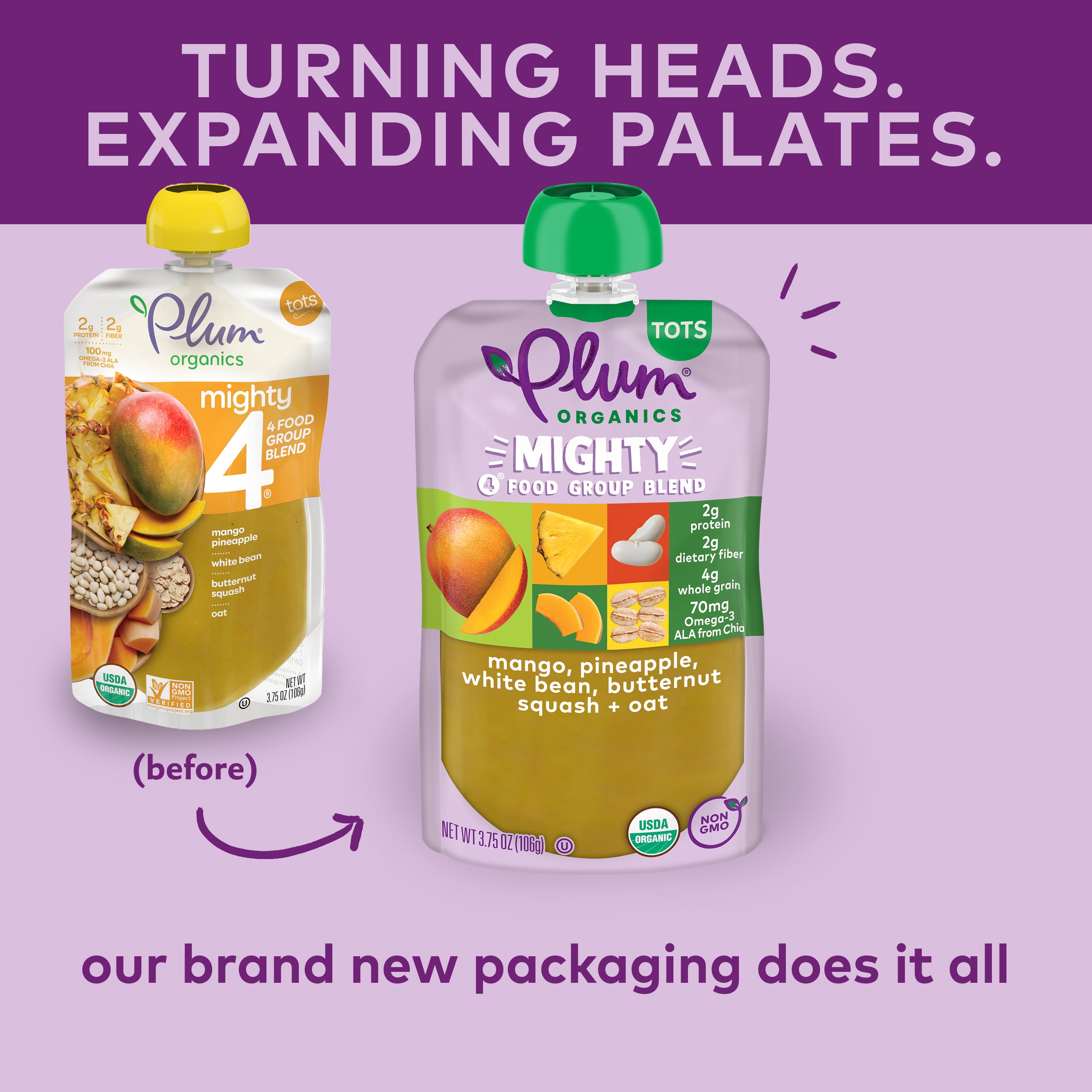 Plum Organics Mighty 4 Organic Toddler Food, Mango, Pineapple, White Bean, Butternut Squash, and Oat, 3.75 oz Pouch (6 Pack)
