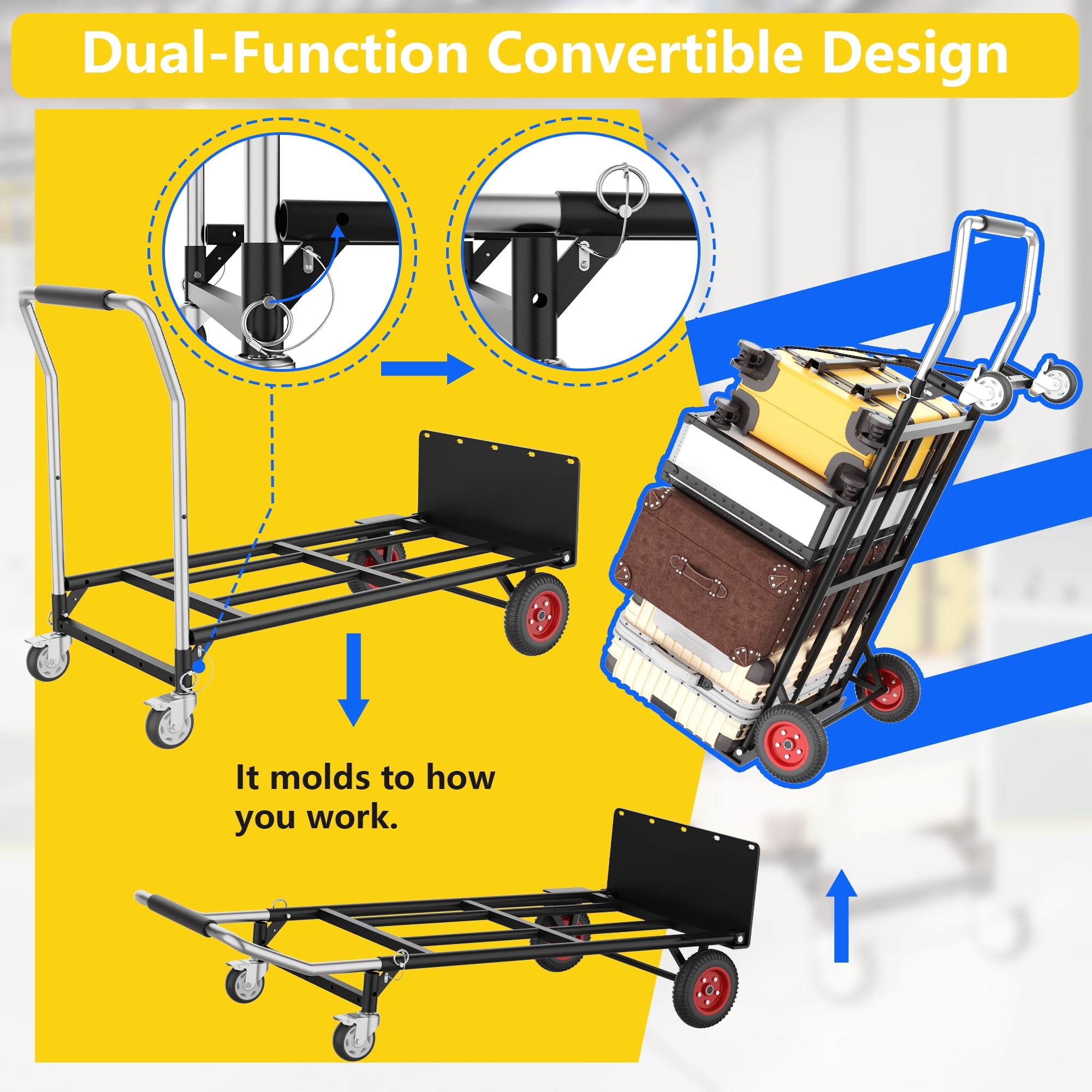 HOHYN 2 in 1 Convertible Hand Truck and Dolly, 800LBS – Heavy-Duty Moving Dolly Cart with 10" Flat Free Rubber Wheels & Handle