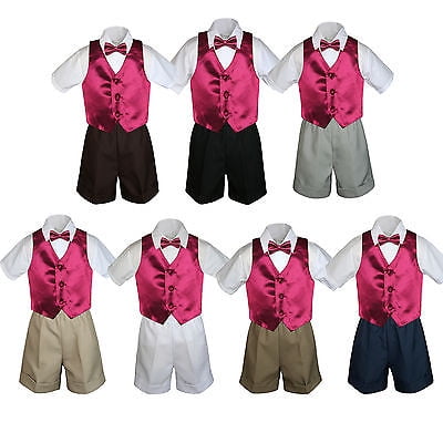 

4pc Set BoyToddler Formal Party Burgundy Vest and Bowtie White Khaki Shorts S-4T