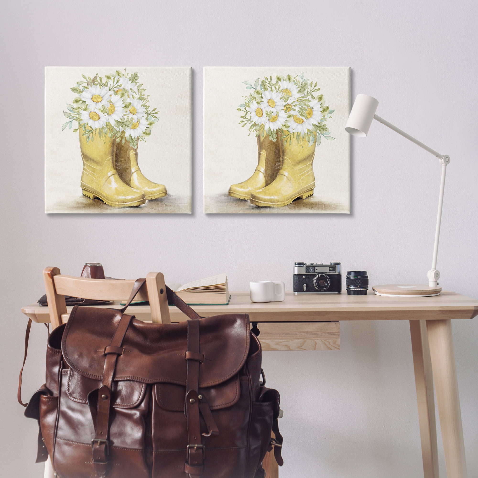 Stupell Industries Yellow Garden Boots Daisies Plants & Flowers Painting Wrapped Canvas Art Print Wall Art, 24 x 24, Set of 2