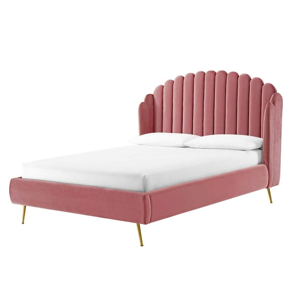 Platform Bed Frame, Queen Size, Velvet, Pink, Modern Contemporary Urban Design, Bedroom Master Guest Suite